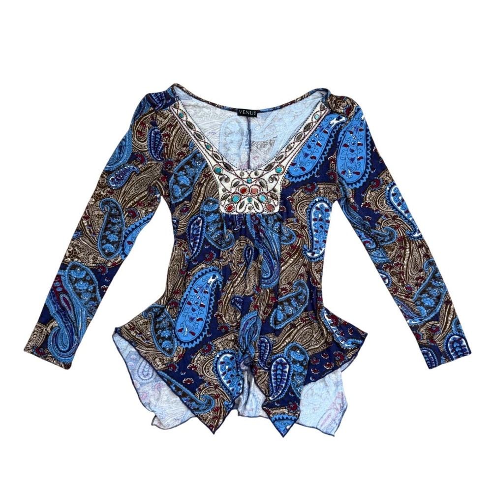 Vintage Venus Paisley Tunic Top Blue Brown Jeweled V-Neck Y2K Boho Small Western